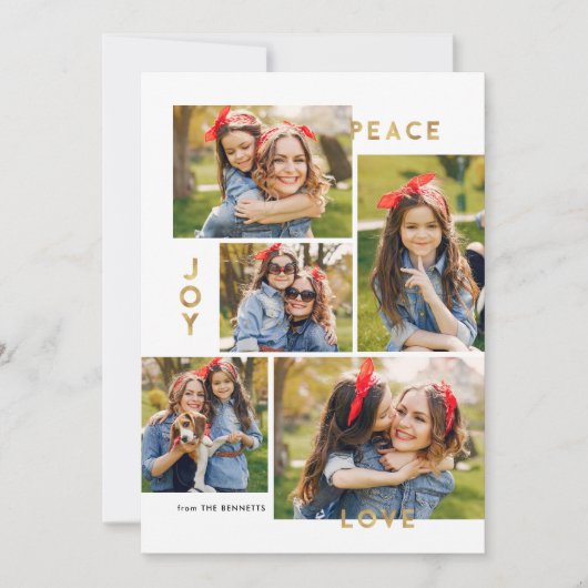 金ゴールド平和ジョイ愛5写真コラージクリスマス シーズンカード (正面)