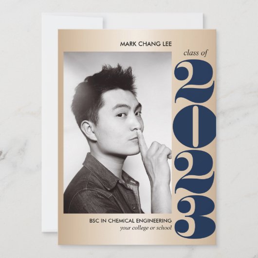 金ゴールド年 |ネイビーブルーカレッジ写真卒業 カード (正面)