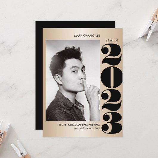 金ゴールド年 |ブラックはっきりしたカレッジ写真卒業 カード (正面/裏面インサイチュ)