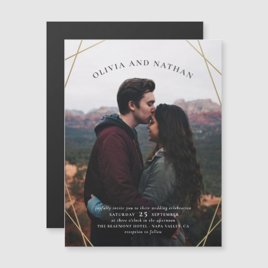 金ゴールド幾何カスタム婚約結婚写真 マグネット招待状 (正面/裏面)