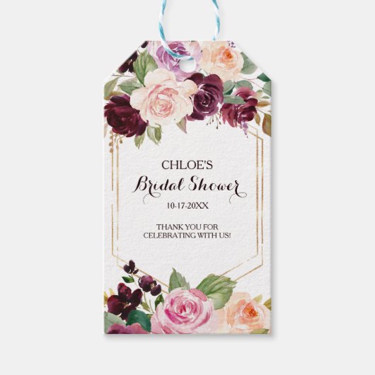 金ゴールド幾何グリーンブルゴーニュフローラブライダルシャワー ギフトタグ (正面)