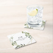 金ゴールド幾何グリーンユーカリ結婚プス スクエアペーパーコースター (インサイチュ)