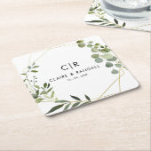 金ゴールド幾何グリーンユーカリ結婚プス スクエアペーパーコースター (アングル)