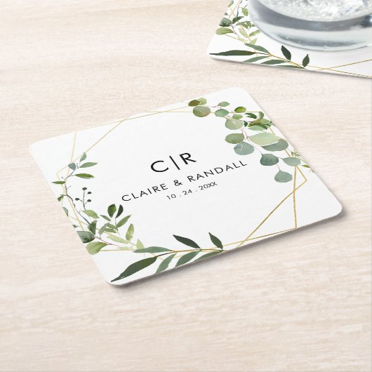 金ゴールド幾何グリーンユーカリ結婚プス スクエアペーパーコースター (アングル)