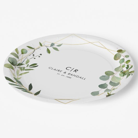 金ゴールド幾何グリーンユーカリ結婚プス ペーパープレート (アングル)