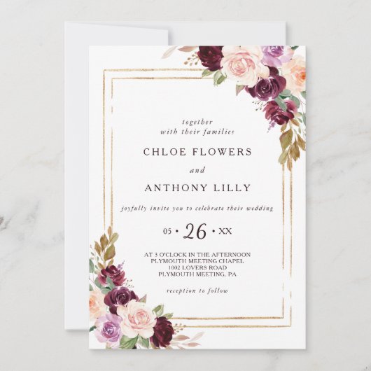 金ゴールド幾何グリーン赤面ブルゴーニュフローラ結婚ズ 招待状 (正面)