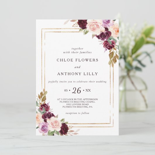 金ゴールド幾何グリーン赤面ブルゴーニュフローラ結婚ズ 招待状 (スタンド正面)