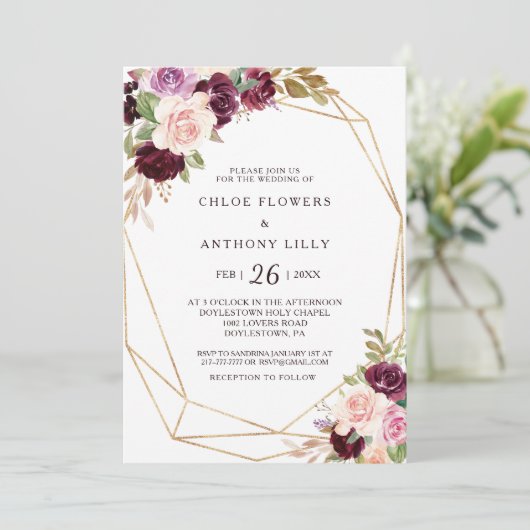 金ゴールド幾何グリーン赤面ブルゴーニュフローラ結婚ズ 招待状 (スタンド正面)