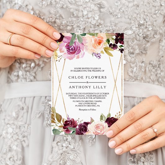 金ゴールド幾何グリーン赤面ブルゴーニュフローラ結婚ズ 招待状