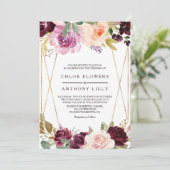 金ゴールド幾何グリーン赤面ブルゴーニュフローラ結婚ズ 招待状 (スタンド正面)