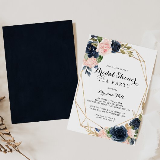 金ゴールド幾何フローラブライダルシャワー茶パーティー 招待状