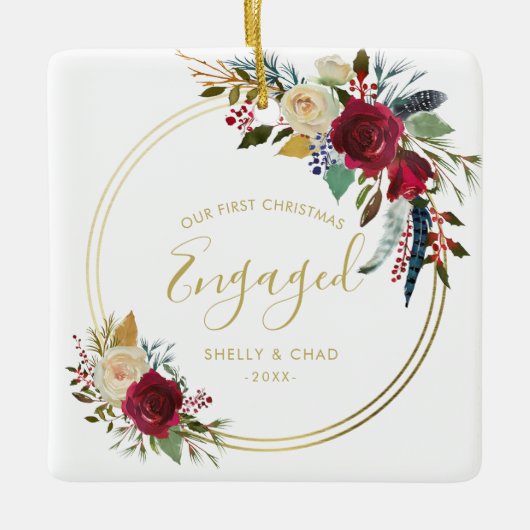 金ゴールド幾何写真当社の初めてのクリスマス 婚約した セラミックオーナメント (正面)