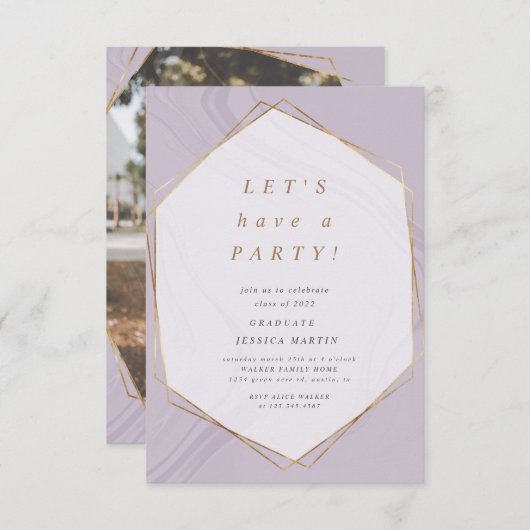 金ゴールド幾何大理石写真卒業パーティー 招待状 (正面/裏面)