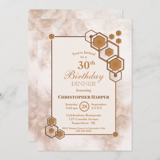 金ゴールド幾何大理石30th誕生日ディナーパーティー 招待状 (正面/裏面)