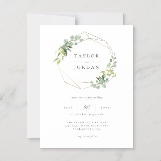 金ゴールド幾何学フレームユーカリプ結婚スグリーンリ マグネット招待状 (正面)