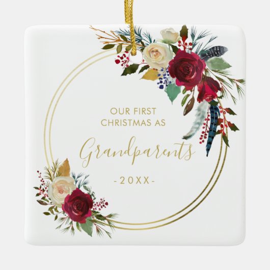 金ゴールド幾何学写真の祖父母初めてのクリスマス セラミックオーナメント (正面)