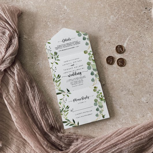 金ゴールド幾何学書ユーカリ結婚プス オールインワン招待状