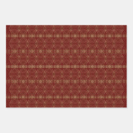 金ゴールド幾何学模様およびブルゴーニュ ラッピングペーパーシート