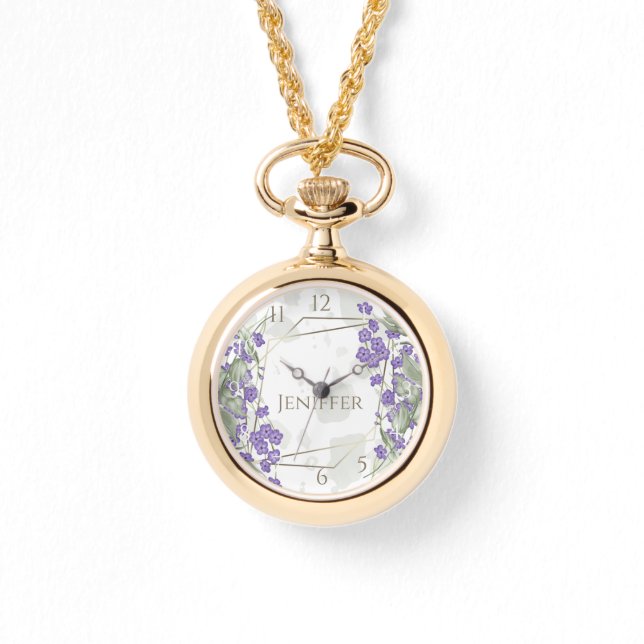 金ゴールド幾何学模様の水彩の葉状花枠 腕時計 (正面)