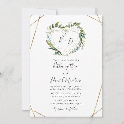 金ゴールド幾何学模様ハート枠結婚付き緑 招待状 (正面)