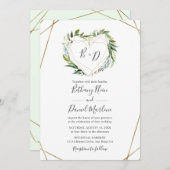 金ゴールド幾何学模様ハート枠結婚付き緑 招待状 (正面/裏面)