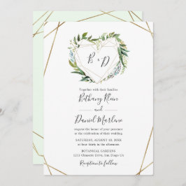 金ゴールド幾何学模様ハート枠結婚付き緑 招待状