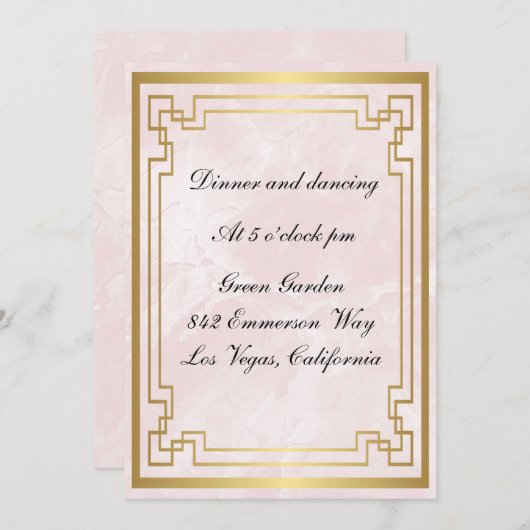 金ゴールド幾何学模様ピンクマーブルウェディング 招待状 (正面/裏面)