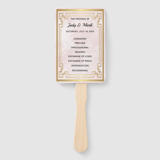 金ゴールド幾何学模様ピンクマーブル結婚式 プログラム ハンドファン (正面)