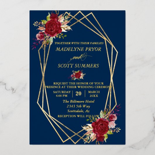 金ゴールド幾何学模様ブルゴーニュ水彩の花 箔招待状 (正面)