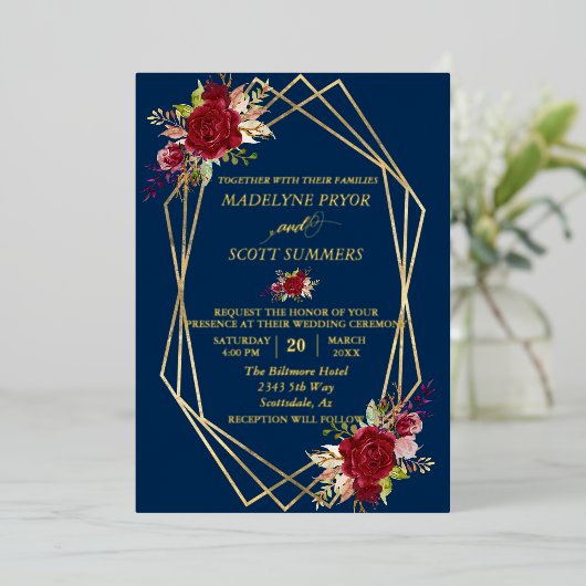 金ゴールド幾何学模様ブルゴーニュ水彩の花 箔招待状 (立ち正面)