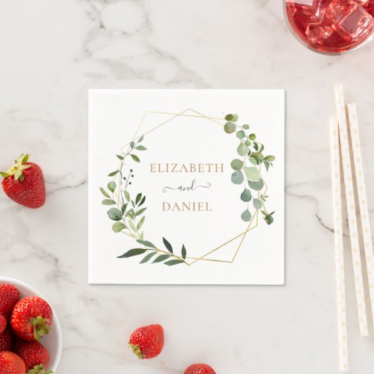 金ゴールド幾何学模様葉の緑パーソナライズされたの数 スタンダードカクテルナプキン (インサイチュ)