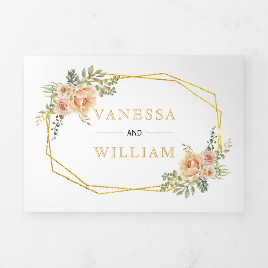 金ゴールド幾何学水彩の花フローラ 三つ折り招待状 (カバー)