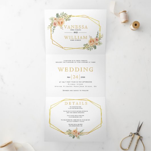 金ゴールド幾何学水彩の花フローラ 三つ折り招待状 (内部)