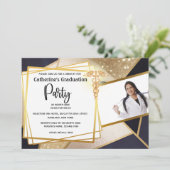 金ゴールド幾何学海軍DIYフォトカドゥセウス卒業 招待状 (スタンド正面)