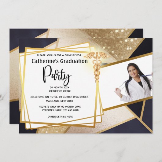 金ゴールド幾何学海軍DIYフォトカドゥセウス卒業 招待状 (正面/裏面)