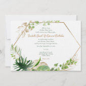 金ゴールド幾何学熱帯グリーンパーム葉結婚ズ 招待状 (正面)