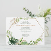 金ゴールド幾何学熱帯グリーンパーム葉結婚ズ 招待状 (スタンド正面)