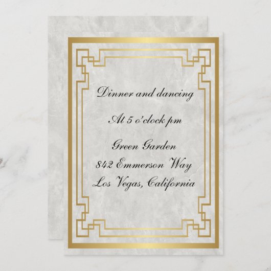 金ゴールド幾何学白大理石ウェディングレセプションカード 招待状 (正面/裏面)
