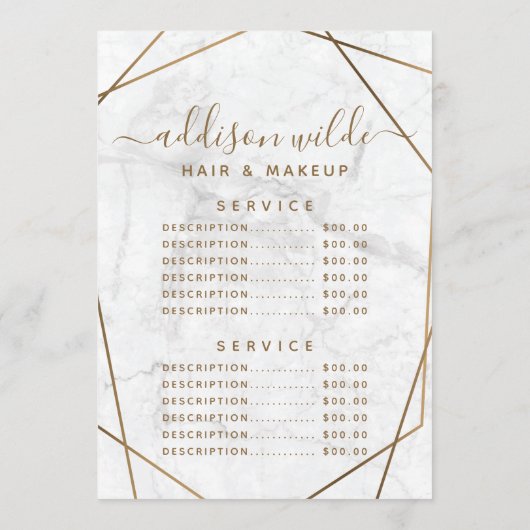 金ゴールド幾何学白大理石抽象芸術価格表 メニュー (裏面)