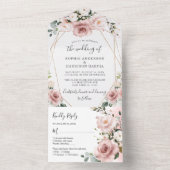 金ゴールド幾何学的および埃っぽいバラピンク結婚フローラ オールインワン招待状 (内側)