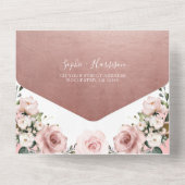 金ゴールド幾何学的および埃っぽいバラピンク結婚フローラ オールインワン招待状 (裏面)