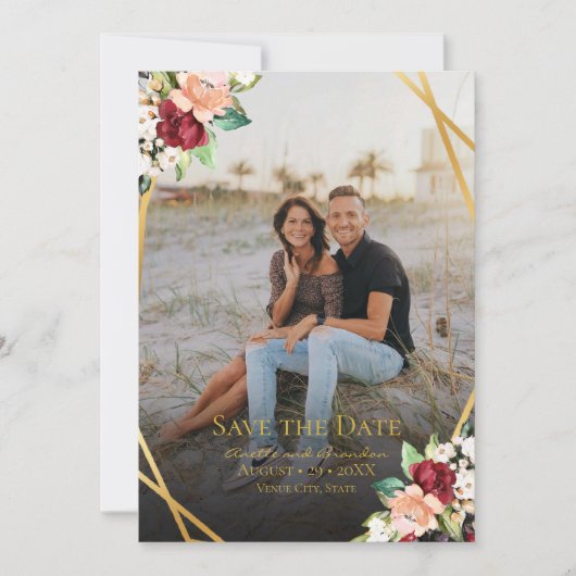 金ゴールド幾何学的なブルゴーニュフローラ全面 セーブザデート (正面)