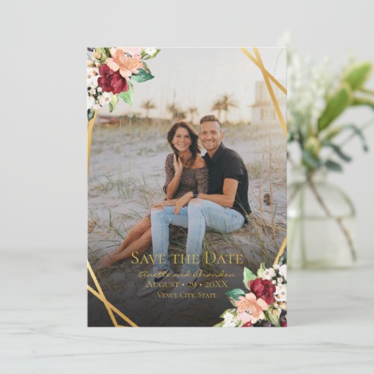 金ゴールド幾何学的なブルゴーニュフローラ全面 セーブザデート (スタンド正面)