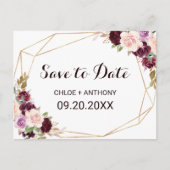 金ゴールド幾何学的なブルゴーニュフローラ日付カードの保存 ポストカード (正面)