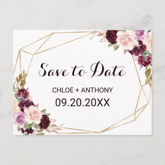 金ゴールド幾何学的なブルゴーニュフローラ日付カードの保存 ポストカード (正面)