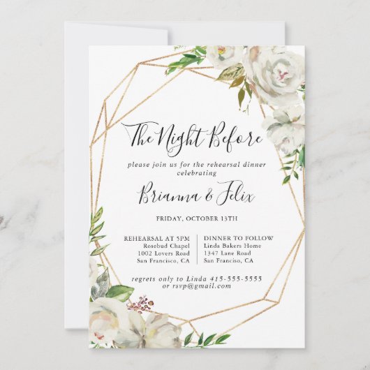 金ゴールド幾何学的な牡丹の夜リハーサルディナー前 招待状 (正面)