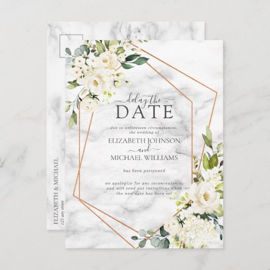 金ゴールド幾何学的な白いフローラ大理石遅延の日付 案内ポストカード (正面/裏面)