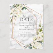 金ゴールド幾何学的な白いフローラ大理石遅延の日付 案内ポストカード (正面)