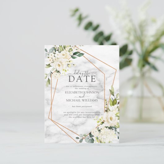 金ゴールド幾何学的な白いフローラ大理石遅延の日付 案内ポストカード (スタンド正面)