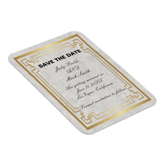 金ゴールド幾何学的な白い大理石の結婚式の日付を保存 マグネット (右側)